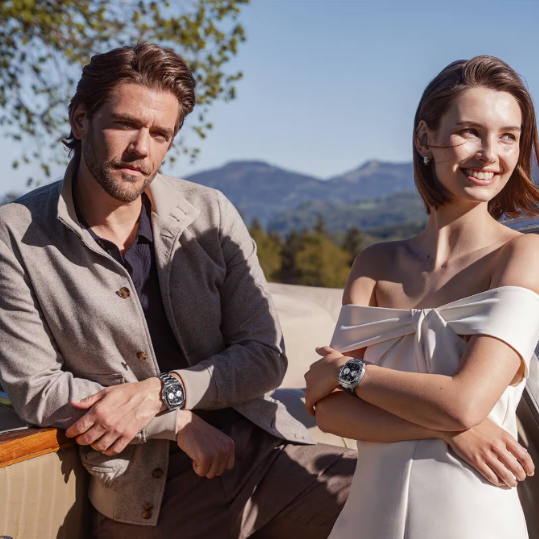 Two people wearing the Glashütte Original Seventies Chronograph XV